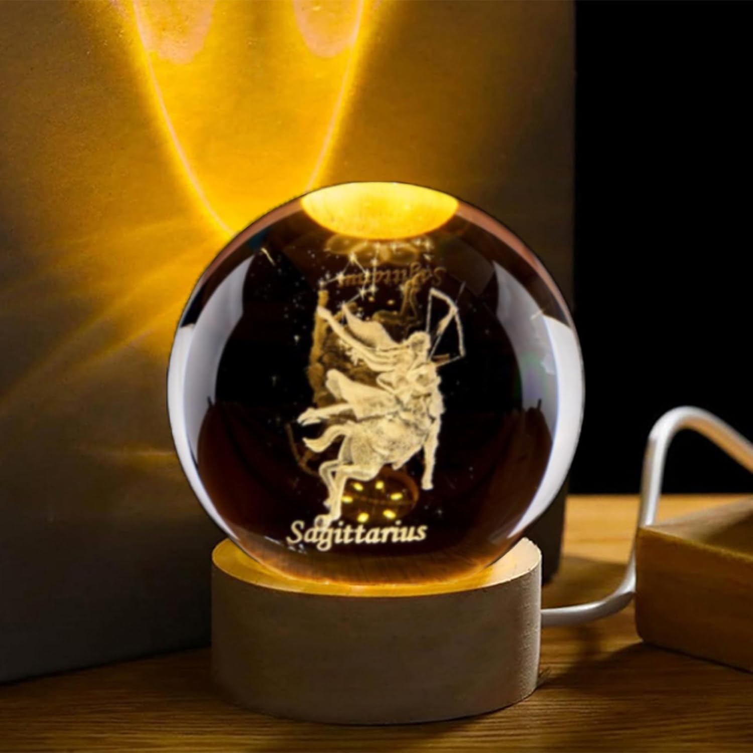 Paper Weight Crystal - 3D Sagittarius Crystal Ball with Wooden